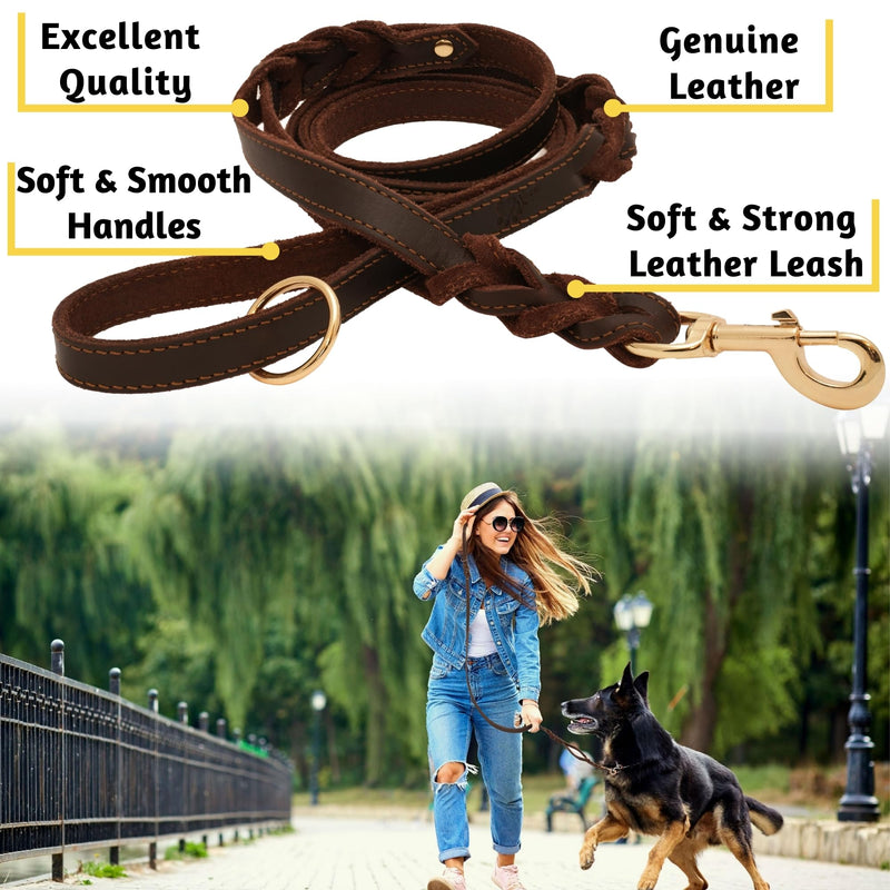 ADITYNA - Double Handle Leather Dog Leash 6ft - Heavy Duty Braided Dog Leash with Traffic Handle - Lead for Training and Walking Medium Large Breeds (Brown, Two Handles 6 Foot x 5/8") Two Handles 6 foot x 5/8" Brown - PawsPlanet Australia