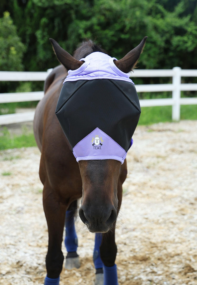 T TEKE Fine Mesh Horse Fly Mask w/No Ears, UV Blocking 3D Eye Visor with Extra Fleece Cushioned Forehead, Protection from Insect Pests, Full, Red