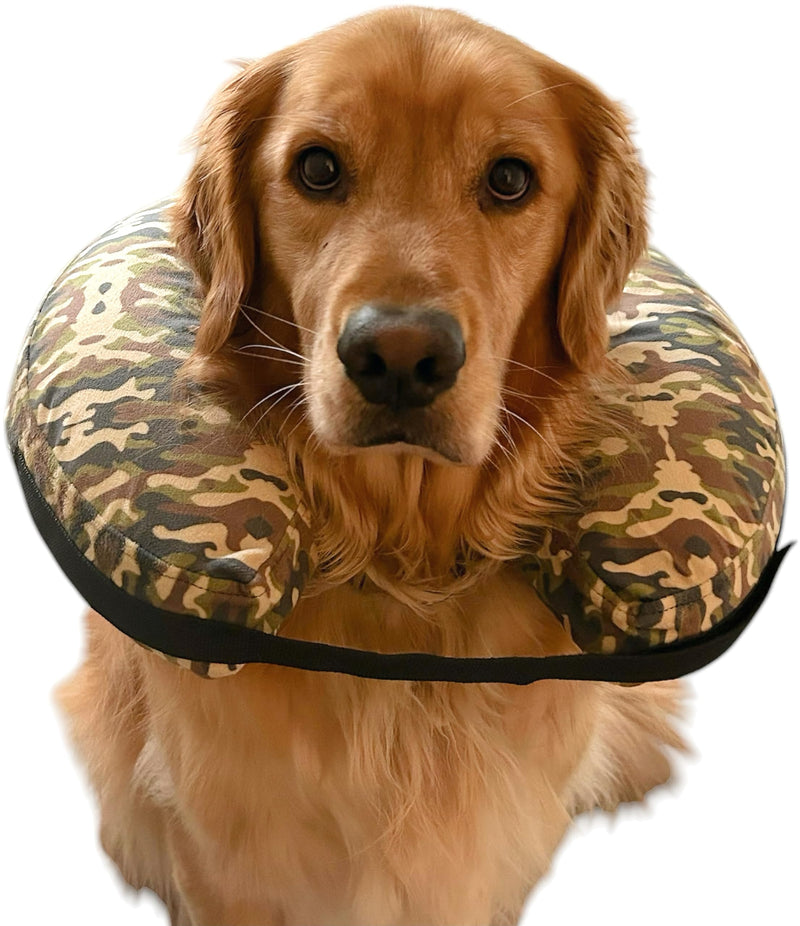 Comfy-K9 Camo Cone - Inflatable Dog Cone with Soft Camouflage Design, Adjustable Blow Up Donut, Machine Washable, Small Size Collar for Comfortable & Stylish Pet Recovery