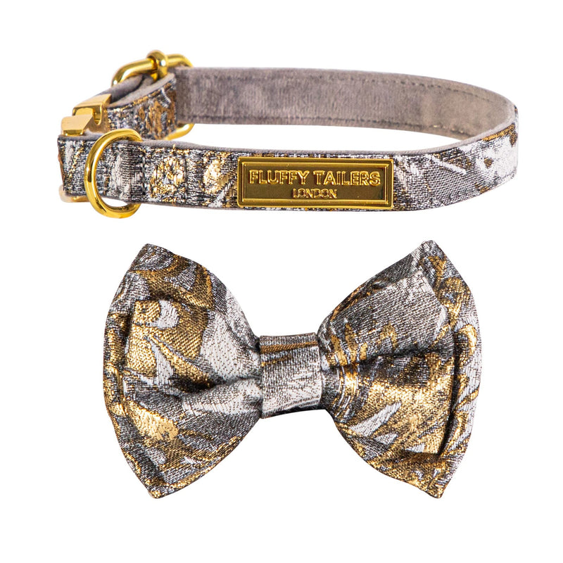 Luxury Occasion Dog Collar With Detachable Bow Tie in Grey Gold Silk (Extra Small) Extra Small