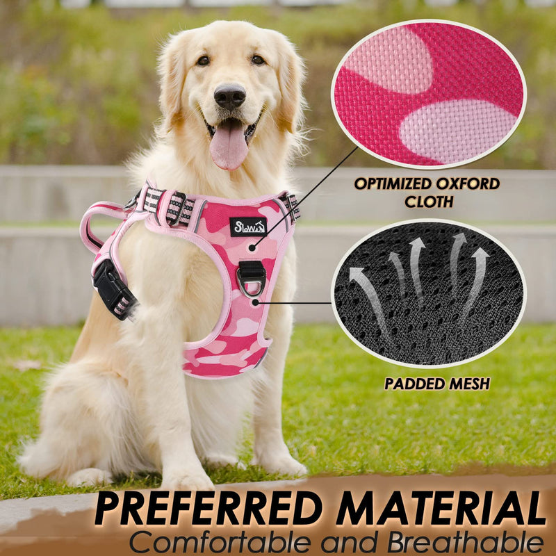 Dog Harness Large Dog, Anti Pull Adjustable Heavy Duty Pet Vest with 2 Clips, Easy Control Escape Proof Puppy Harness with Soft Padded Handle Reflective for Outdoor Training Walking, XL Camo Pink XL(Neck: 55-83cm, Chest: 50-94cm) - PawsPlanet Australia