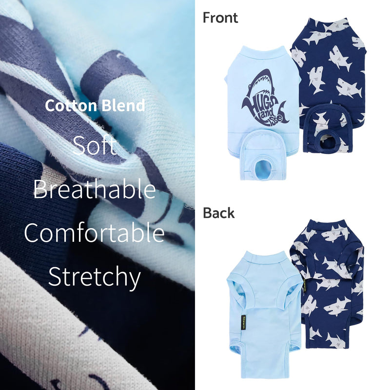 Fitwarm 2 Pack Shark Dog Recovery Suit for Surgery Spay Neuter, Surgical Onesie for Male and Female Dogs, Body Suits for Prevent Licking Wounds, Breathable Cotton, Navy Blue, Light Blue, XXL XX-Large - PawsPlanet Australia