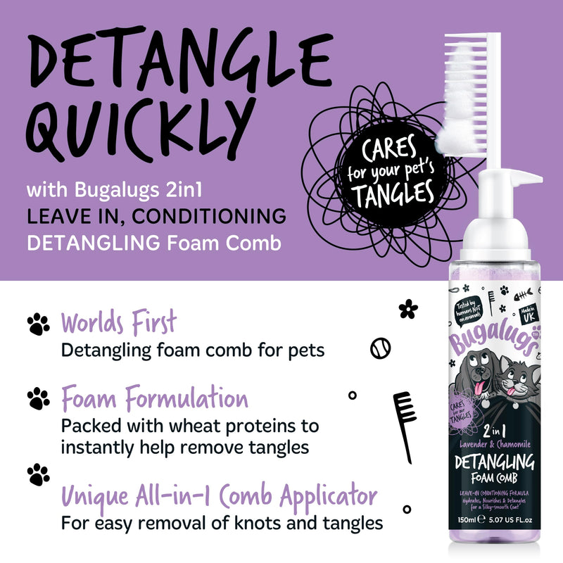 Bugalugs Pet Detangler Foam Comb - leave In conditioner spray for de matting. No tangles. Professional dog grooming formula with Wheat protein. Dog Detangler Spray knot removal (Lavender & Chamomile) Lavender & Chamomile