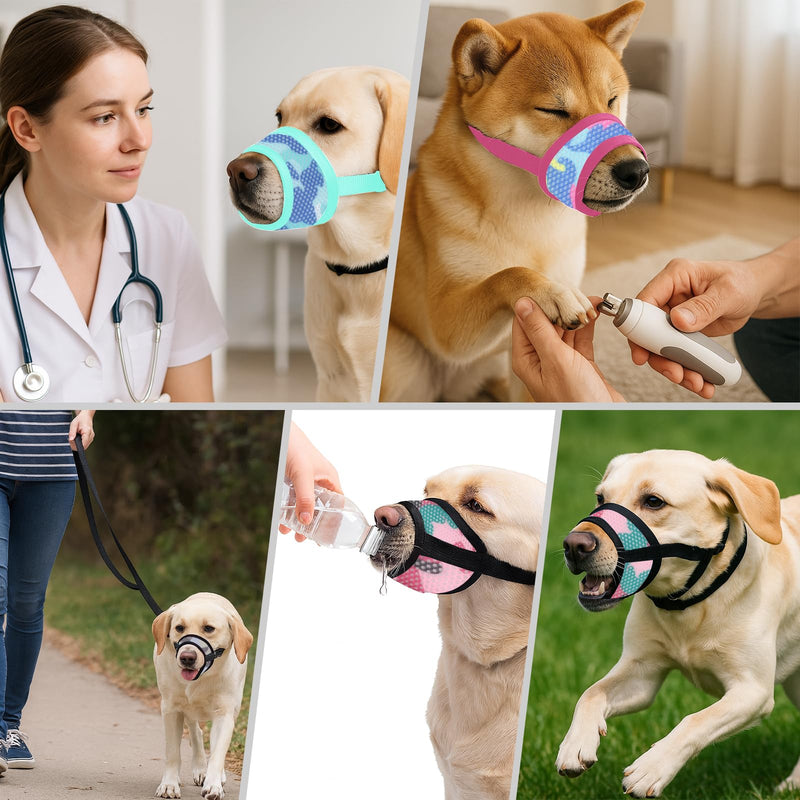 Dog Muzzle with Escape-Proof Elastic Neck Collar, Soft Breathable Air Mesh Mouth Cover Stops Biting Barking Chewing Allows Drinking Panting, Adjustable Muzzle for Small Medium Large Dogs Black/Pink M - PawsPlanet Australia