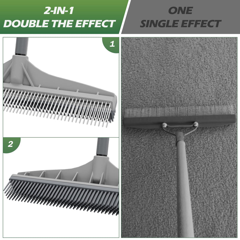 Walensee Carpet Rake for Pet Hair Removal, 2 in 1 Rug Rake to Fluff Carpet with Nylon Groomer Brush, Adjustable Long Handle for Shag Rugs, Stairs, Mats and Floors, Rubber Broom - PawsPlanet Australia