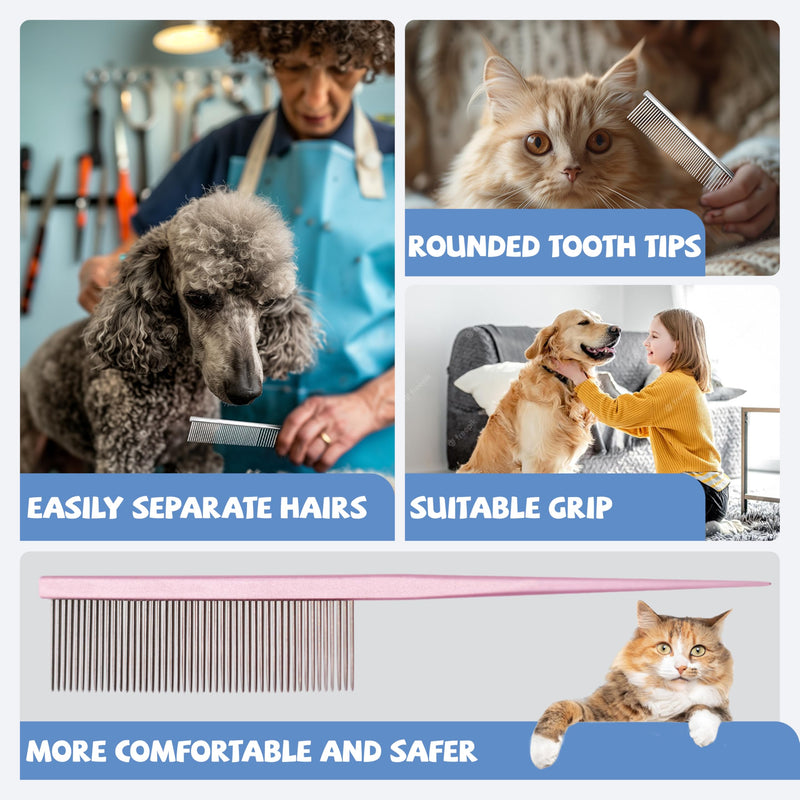 Grooming Pet Comb Rat Tail Dematting Cat and Dog Comb，Rounded Ends Design for Safe Tangle Removal, Hairstyling, Massage，Loose Hair Removal，Prevent Irritation，Fluffing Paws,Face,Tail,Remove Tear Stain Pink - PawsPlanet Australia