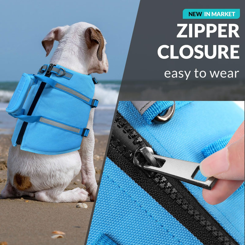 Queenmore Dog Life Jacket, XL Dog Life Vest,High Floating Pet Life Vest for Swimming,Lightweight Adjustable Puppy Life Preserver for Boating,Dog Water Vest with Back Zip,Rescue Handle,Hook (Blue XL) X-Large Blue - PawsPlanet Australia