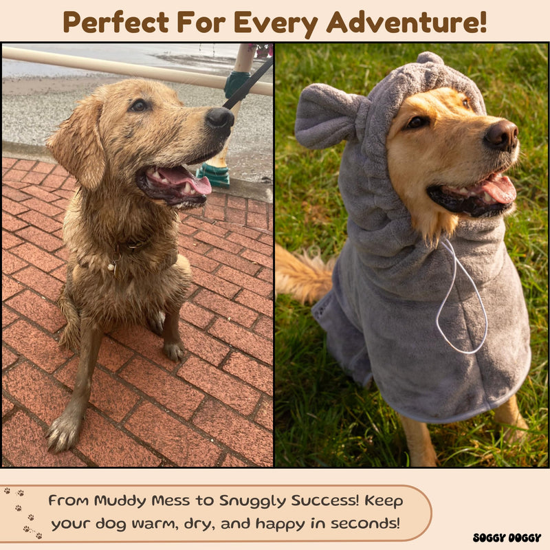 SOGGYDOGGY® US: Luxury Dog Bathrobe, Super Absorbent Microfiber Dog Bath Supplies, Fast Dry in Minutes, Thick & Soft Robe - Pet Grooming, Wash & Pet Hair Dryer - All-Season Dressing Gown (M) Gray M (17-24in) - PawsPlanet Australia