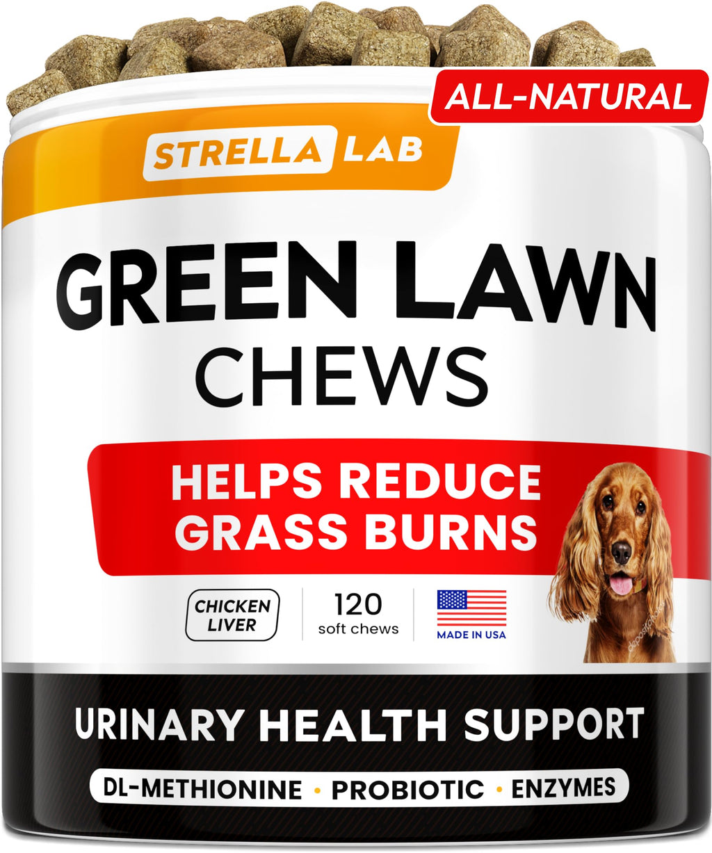 STRELLALAB Green Grass Chews - Pee Grass Spot Saver Caused by Dog Urine - Urine Neutralizer for Lawn, Gut Health Probiotics & Digestive Enzymes,Lawn Burn from Dog Urine, Grass Burn Spot Chews Chicken Liver Green Grass 120ct