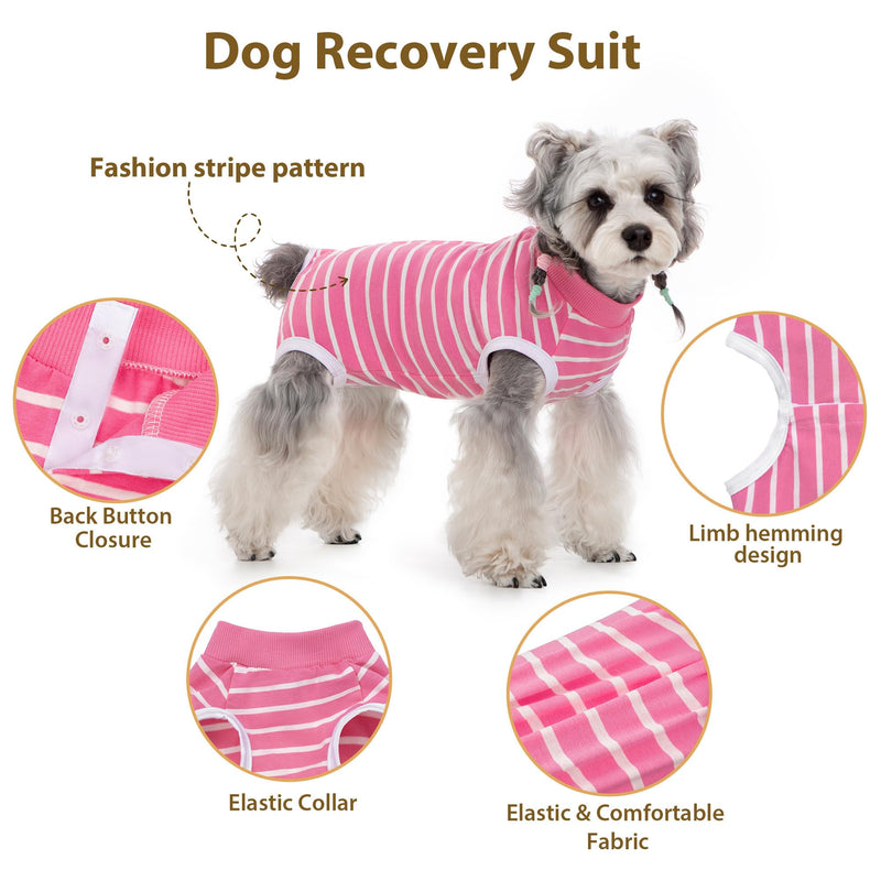 Striped Dog Surgery Suit - Soft Cotton Recovery Body Suit After Surgery, Wound Protection, Easy to Wear, Pink L