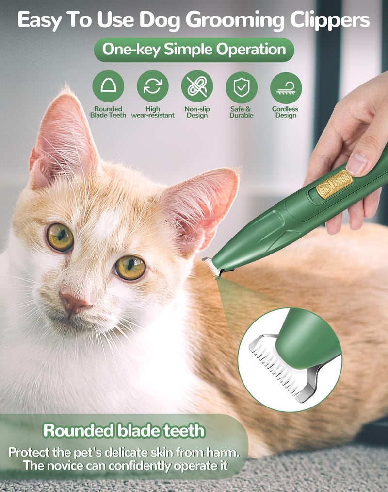 LEYOUFU Dog Clippers for Grooming, 2 Speed Low Noise Cordless Dog Paw Trimmer, Rechargeable Small Pet Hair Trimmer for Grooming, Cat Hair Clippers Shaver for Paws, Eyes, Ears, Face, Rump (Green) Green - PawsPlanet Australia