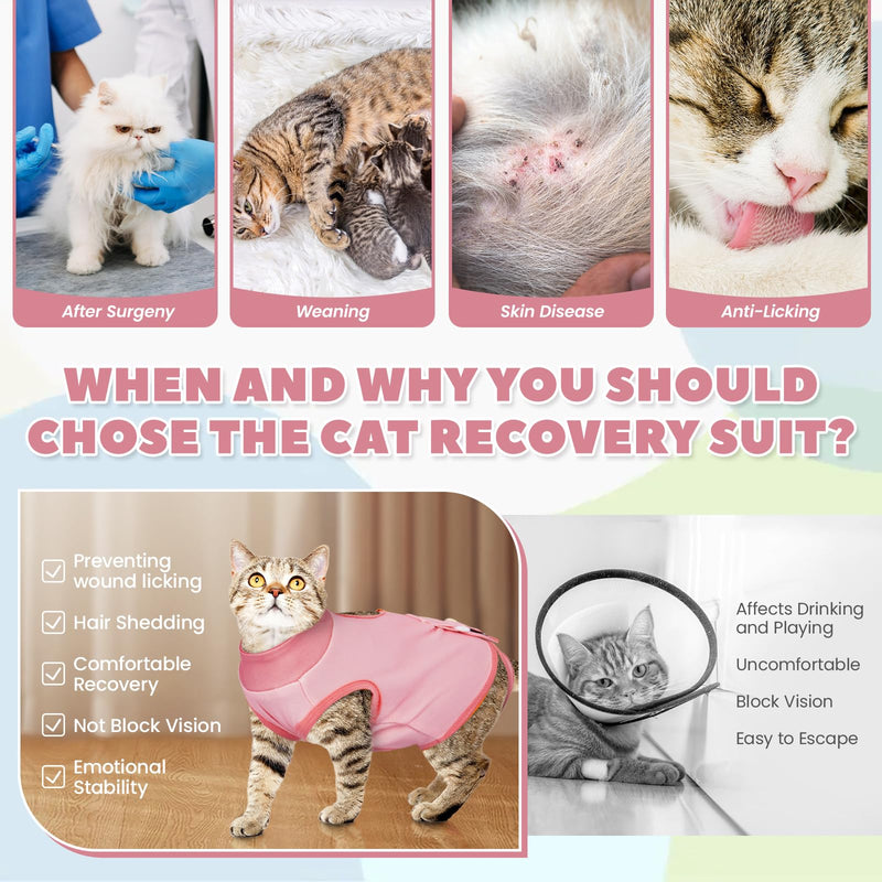 BRKURLEG Cat Recovery Suit for Female Male Anti-Licking Pet Surgical Pajamas Kitten Recovery Suit Cat Spay Recovery Suit Female Abdominal Wounds Skin Diseases Protection, Pink, L Large
