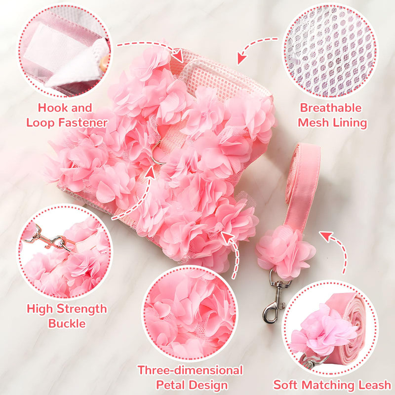 Cute Small Dog Harness and Leash Set Pink Lace Floral Girl Puppy Harness for Small Dogs Cats Soft Mesh Dog Vest Harness Escape Proof Pet Cat Harness Outfits XS (Fit 1-3 lbs; Chest 9.5-11") - PawsPlanet Australia