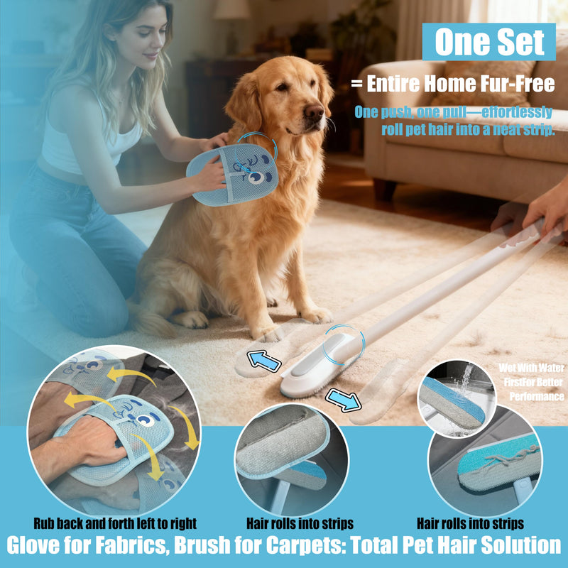 Pet Hair Remover Set – Removes Pet hair from Carpets, Furniture & Car Seats For Cat & Dog, includes 4-in-1 Magic Brush (Extended Handle) & a Electrostatic cat Hair Remover Glove.