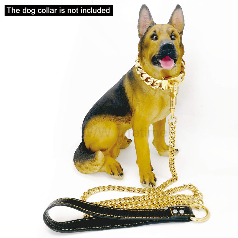 Chain Dog Leash Metal Chew Proof Leash, Leather Handle 11mm Gold 18K 4.5FT Heavy Duty Pet Leash Chain, with Padded Handle for Large Medium Small Dogs (Totally Length of 4.5FT)