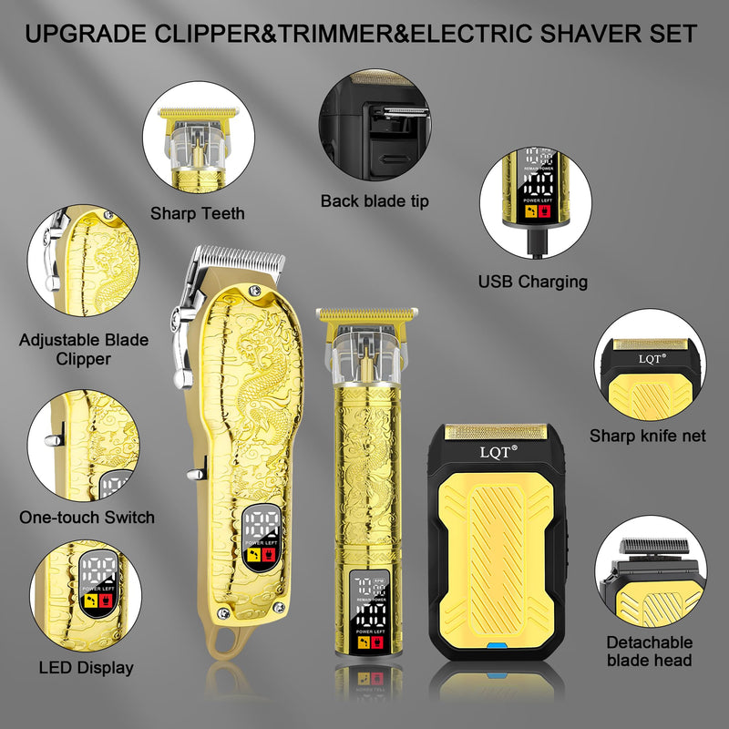 LQT® Professional Hair Clippers for Men, Hair Trimmer Cordless Barber Clippers and Trimmers Set, Hair Cutting Kit for Men Grooming Father Day Gifts Professional-Gold-3pcs/set Gold - PawsPlanet Australia