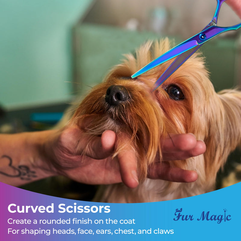 Fur Magic Dog Grooming Scissors Set, 4 Pieces Stainless Steel Grooming Products for Dogs and Cats with Straight Shears, Thinning Shears, Curved Scissors and Grooming Comb