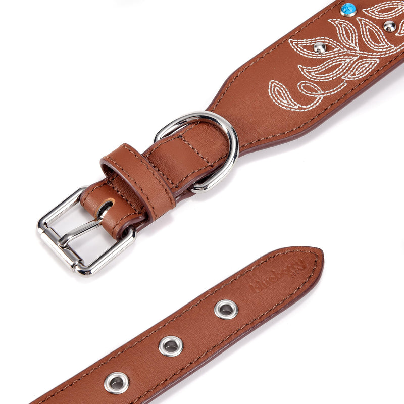Blueberry Pet Genuine Leather Dog Collar - Western-Inspired Brown Leather Dog Collar for Large Dogs with Floral Embroidery & Turquoise Studs, 18-22 Inch Adjustable & Durable for City Pet Owners Canyon Brown
