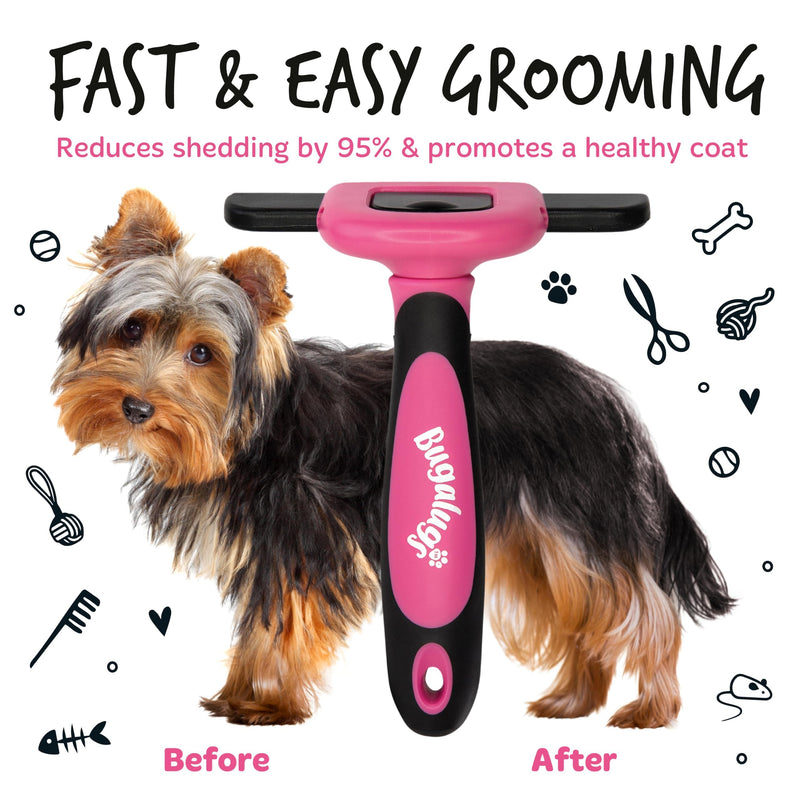 Bugalugs Deshedding brush for dogs, cats, horses & pets. Professional pet comb brushes for grooming for short to long hair undercoat rake brush. Reduces shedding