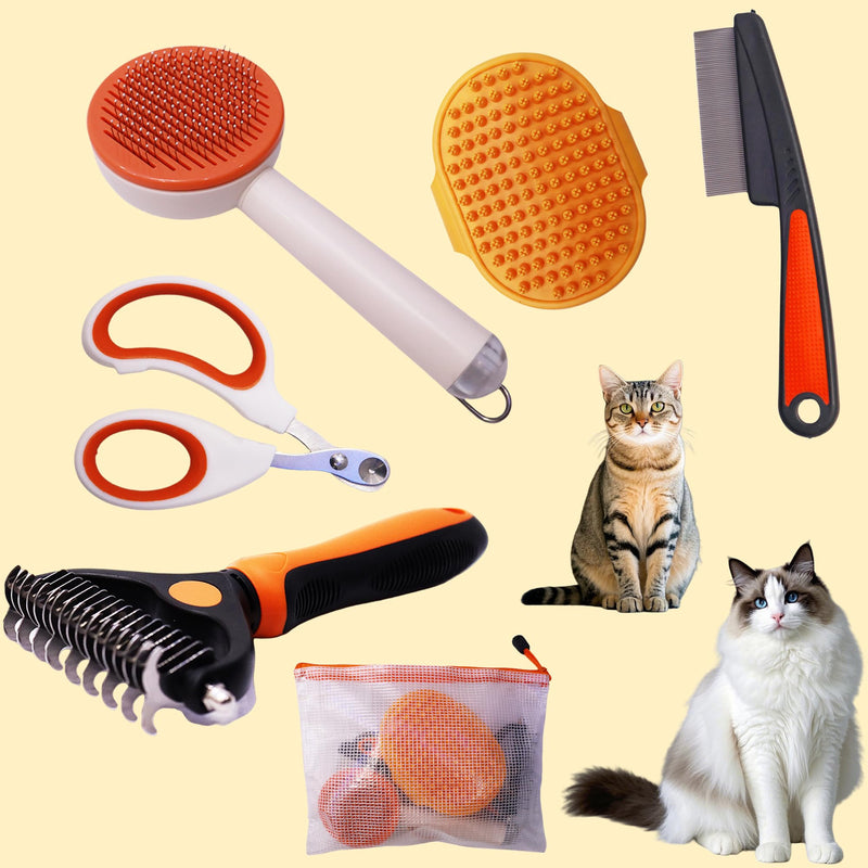 Cat grooming kit,5pcs Deshedding Brush for Cat with Kitten Nail Clipper,Cat Brush,Flea Comb and Bath Brush,Suitable for Short and Long Haired Cats,Indoor Cats and Travel,Orange - PawsPlanet Australia