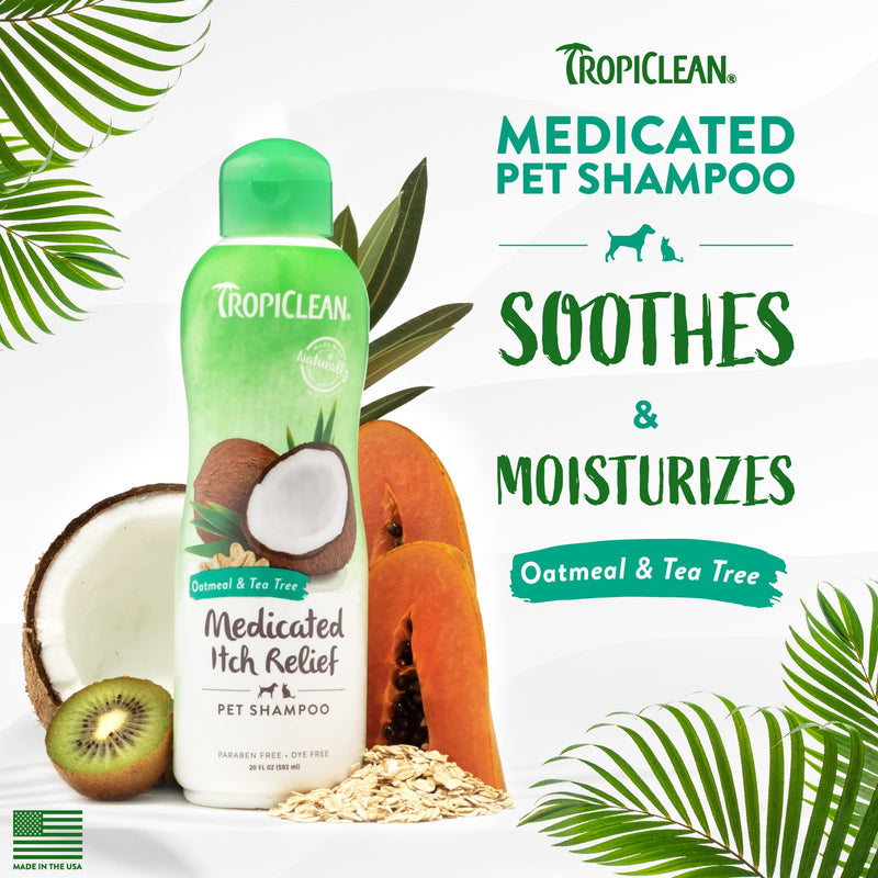 TropiClean Oatmeal Cat & Dog Shampoo for Itchy Skin Relief, Puppy & Kitten Safe, Medicated Tea Tree Oil for Itchy Skin Relief, Made in USA, 20oz. Tea Tree Itch Relief Shampoo