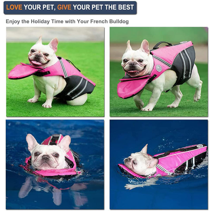 French Bulldog Life Jacket, Life Vest with Chin Float Rescue Handle for Corgi Pug, Adjustable High Visibility Flotation Swim Vest for Swimming Boating (Pink) Chest Girth 16.5"-29.5" Pink