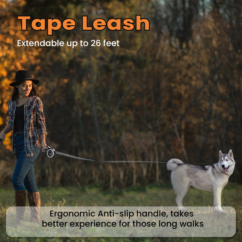 Retractable Dog Leash – Extendable up to 26 FT, Heavy Duty Nylon Tape, No-Tangle, One-Handed Brake & Lock, for Small to X-Large Dogs up to 110 lbs (Black) - PawsPlanet Australia