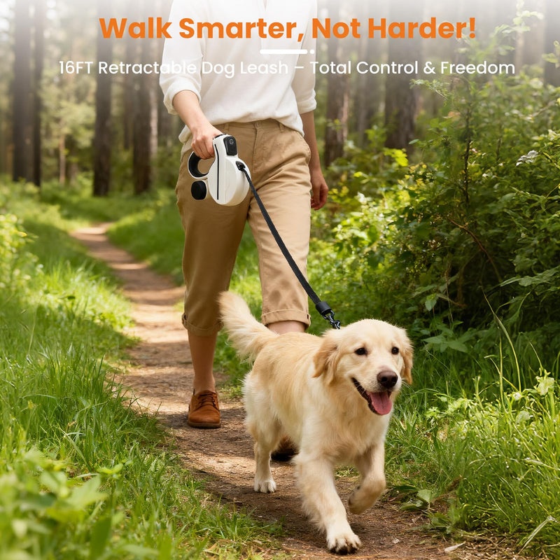 Retractable Dog Leash with USB Charged LED Light & Reflective Tape, 16FT Heavy Duty Pet Lead with Poop Bag Holder, Tangle-Free Leash for Dogs Walking Running Night Safety, Black - PawsPlanet Australia