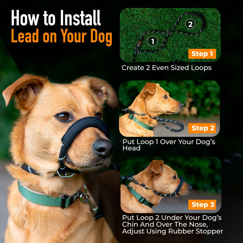 Total Pet Figure of 8 Dog Lead - Anti Pull Stop Dogs Pulling - Rope Slip Leads with Padded Nose Support (Black, Medium/Large) Black