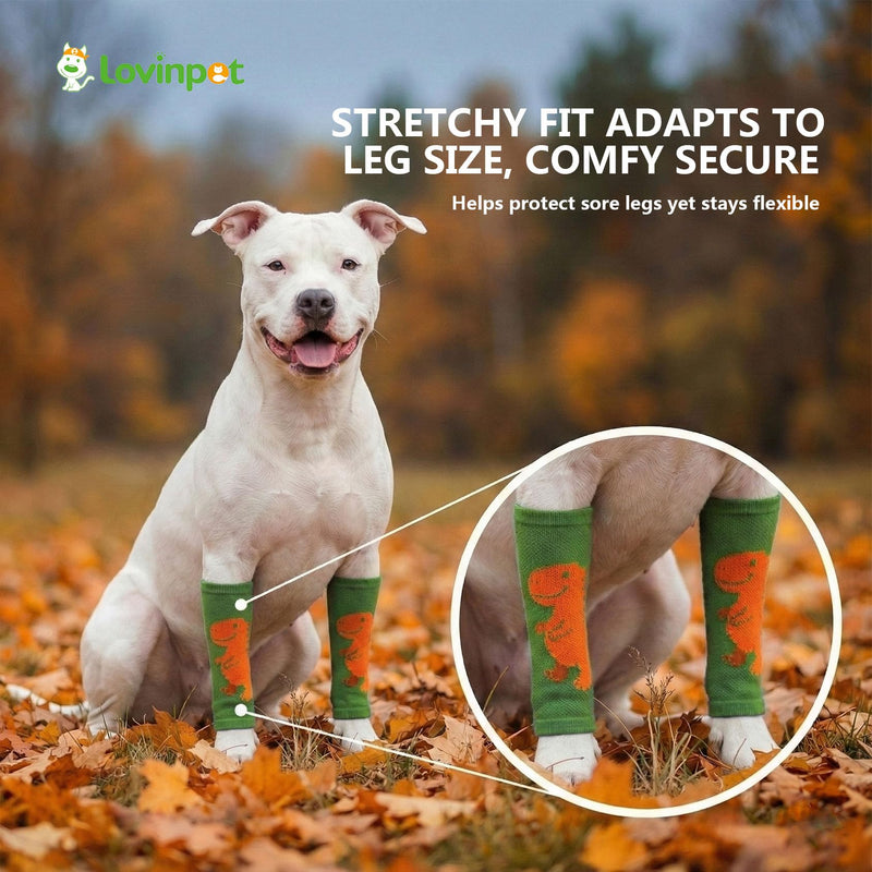 LovinPet 4-Pack Dog Knee Sleeves, Dinosaur-Style Leg Warmers for Medium & Large Dogs, 4-Way Stretch, Anti-Lick Coverage, Warm & Comfy Fit, One Size,Green Orange Green Orange