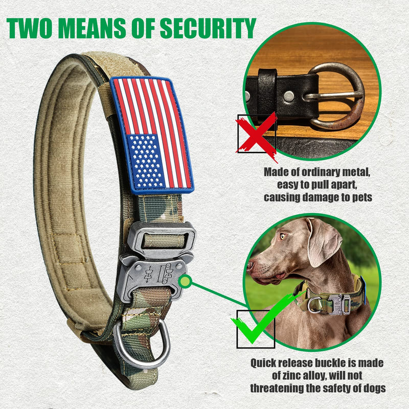 Tactical Dog Collar and Bungee Leash, Camo Military Dog Collar & Leash Set with USA American Flag Adjustable K9 Collar with Heavy Duty Metal Buckle & Handle,with Patches and Airtags Case (XL, Camo) XL - PawsPlanet Australia