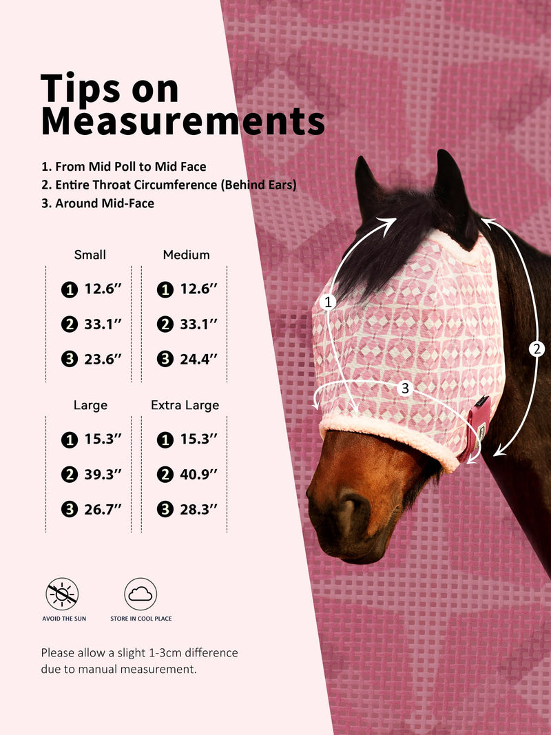 Tackmore Horse Fly Mask Without Ears, Breathable Structured Mesh for Horses, Soft Fleece Edging, UV Protection, Printed Turnout Mask for Pasture-Pink Print L Pink Print