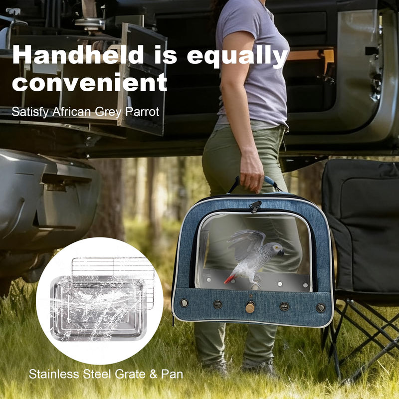 halinfer Bird Travel Carrier Cage for Large Size Parrot, Portable Bag with Metal Tray and Grate to Carry and Transport Medium and Large Birds Like African Grey, Long Tail Cockatiel and Parrot Blue Large Carrier - PawsPlanet Australia