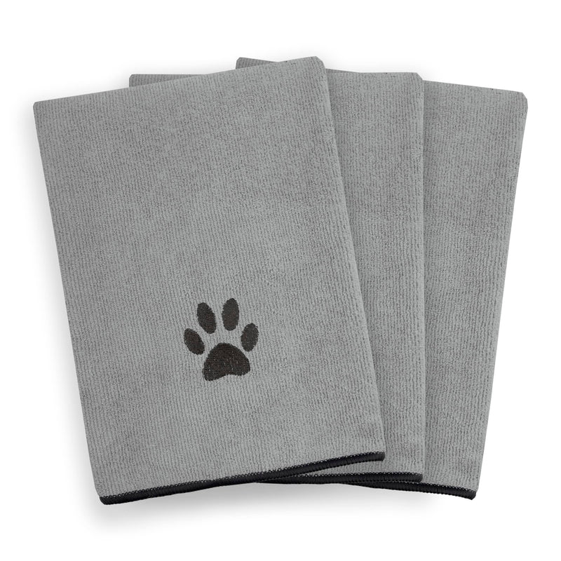 Ritz Premium Embroidered Microfiber Pet Towel (3-Pack), 18" x 28", Highly Absorbent, Fast-Drying, Long-Lasting, Super Soft 80% Polyester and 20% Polyamide Pet Cloth, Grey Paw Spa Grey Small (Pack of 3) - PawsPlanet Australia