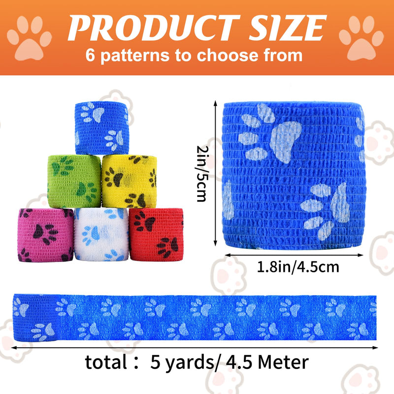 6 Roll 2 Inch x 5 Yards Paw Print Pet Vet Wrap for Dogs Cats, Cohesive Bandages in Bulk, Colorful Non-Woven Self Adhesive Bandages Wrap Roll for Pet Animals Wound Care, Ankle Sprains and Swelling - PawsPlanet Australia