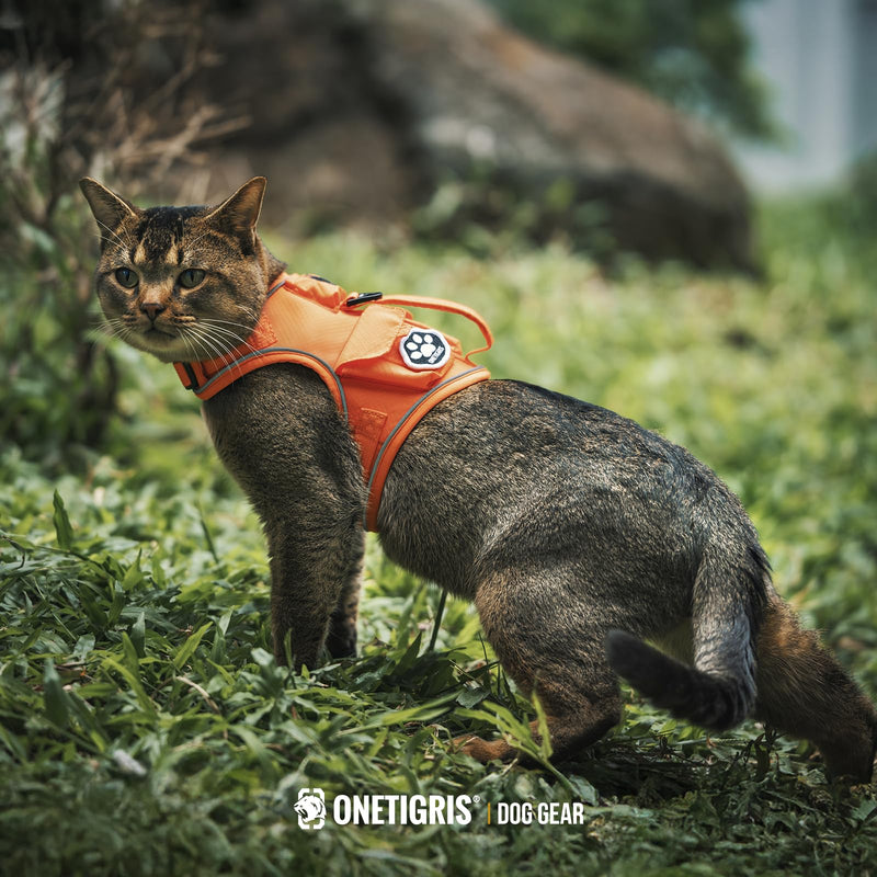 OneTigris Cat Harness and Leash - Escape Proof Soft Adjustable Kitten Harness, Breathable, Comfortable, Durable Water-Resistant Tactical Vest with Reflective Strips and Pocket for Cat Tracker Orange XXXS:(N:6.5"-12",C:12"-16",B.L:6.5",W:6.5 -13 lbs) - PawsPlanet Australia