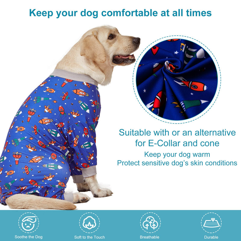 LovinPet Large Dog Pajamas, Navy Rocket and Spaceship Print, Lightweight Stretchy Knit Big Dog Pullover Shirt, Stop Shedding for Dogs, Onesies for Dogs, Pet PJ's Jumpsuit, PJ's for Pitbulls, 2XL XX-Large Grey Blue - PawsPlanet Australia