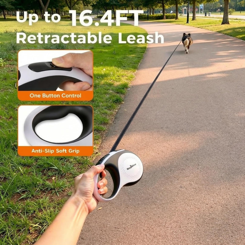 Retractable Dog Leash for Large Dogs with LED Light, 16.4ft Long Pet Leash up to 110lb Pull, 360° Tangle-Free One-Button Control for Small & Large Dogs & Cats, with Charging Cable, White - PawsPlanet Australia