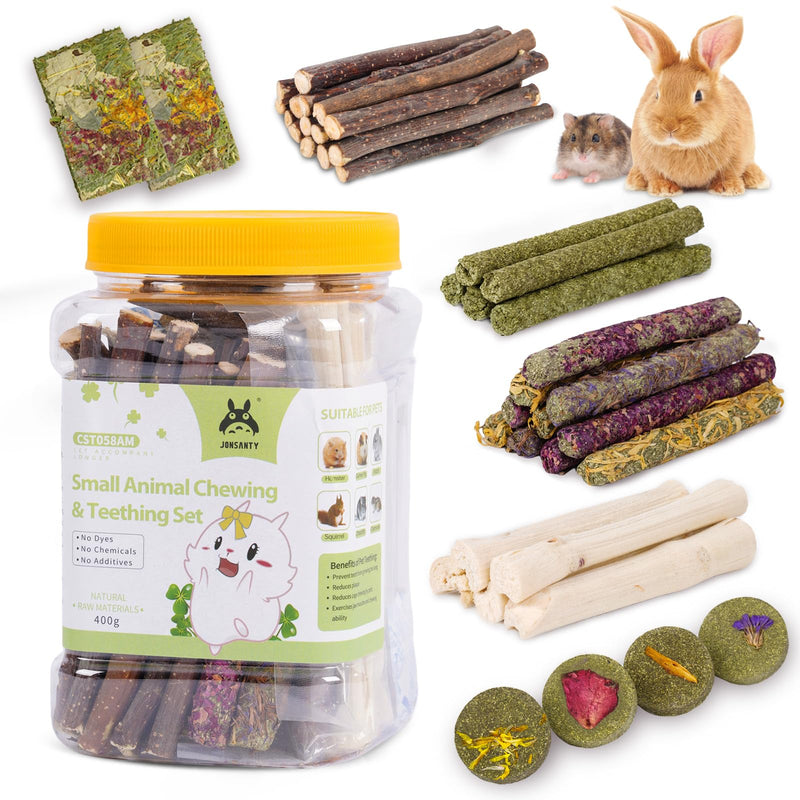 50-60 PCS Natural Rabbit Chew Toys, Bunny Toys with Timothy Grass Apple Sticks, for Guinea Pig, Hamster, Chinchilla, Rat, Teething Toy for Small Animals 50-60 PCS / 400g / Chew Toy Set #1