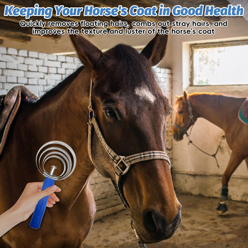 kathson 2PCS 4 Rings Curry Comb Horse Brush Scraper Reversible Stainless Steel Livestock Shedding Comb with Soft Touch Grip 2PCS, Blue