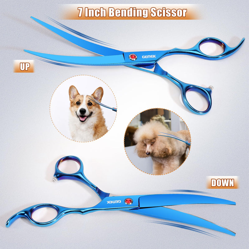 7.0in Titanium Professional Pet Grooming Scissors Set, GEMEK 6 in 1 Straight & Thinning & Upwards Curved & Downwards Curved Scissors & Comb for Dogs, Cats (Blue) Blue 6 in 1 7inch - PawsPlanet Australia