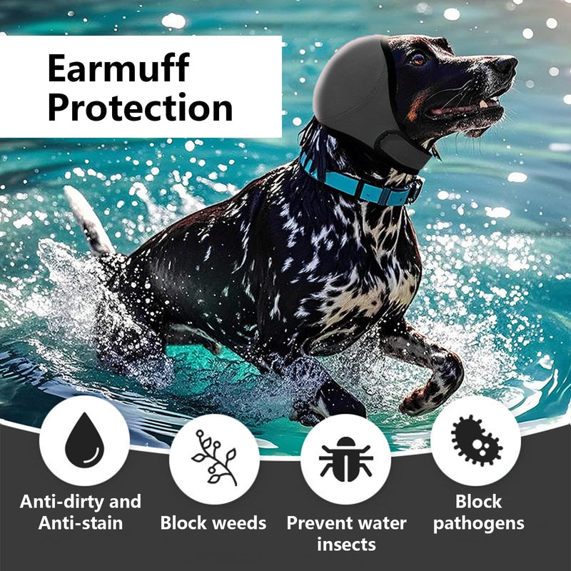 Dog Ears Cover, Adjustable Dog Ear Muffs Comfortable Waterproof Dogs Snood Ear Protector Muffs Noise-Reducing, Calming Hood Head Wrap for Bath Grooming Swimming Fireworks Thunder Anxiety Relief(Grey)