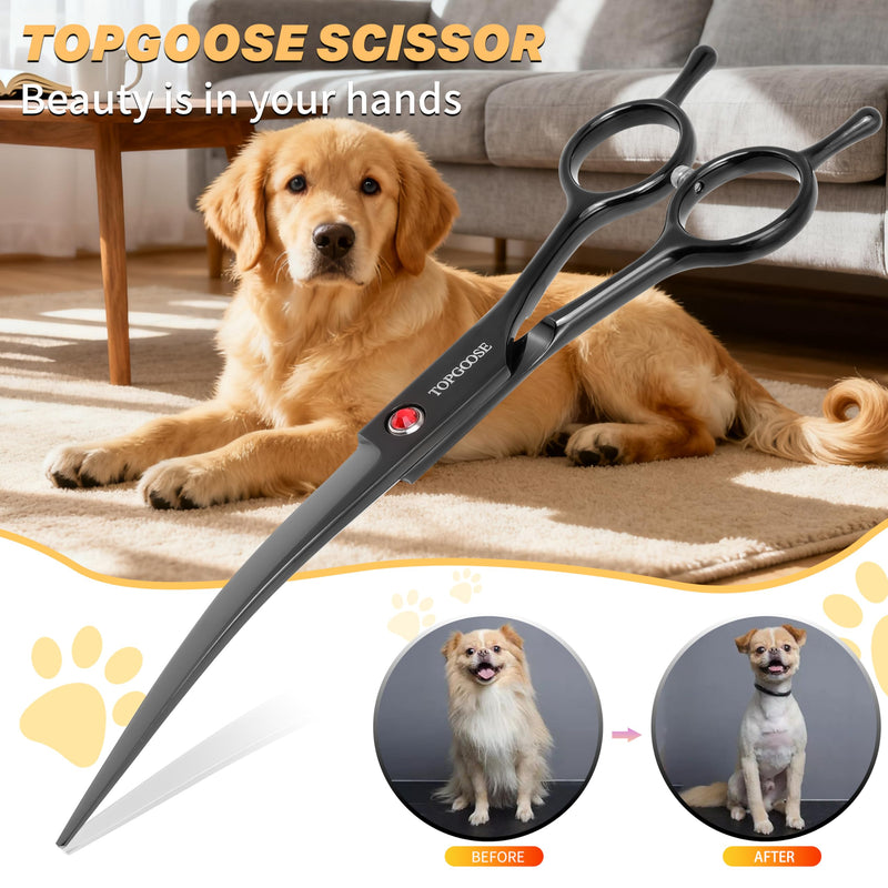 TOPGOOSE 7.5" Dog Grooming Scissor - Professional Down-curved Shear with Ergonomic Handle Japanese Stainless Steel Hair Scissor for Dogs, Cats and Other Pets, Sharp (Curved,Black) Black Curved Shear - PawsPlanet Australia