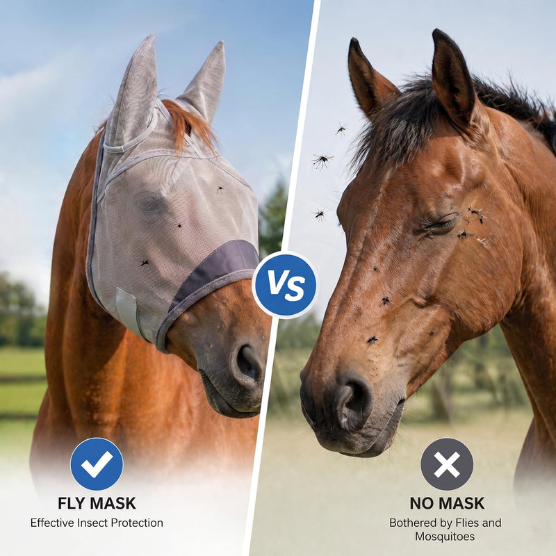 Horse Fly Mask with Ears - UV Protection Fine Mesh Super Comfort Fly Masks for Horses, Adjustable Breathability Horses Masks, Pony Equine Fly Mask for Miniature Foal Draft Cob Srabian Full (Gray, L) Grey