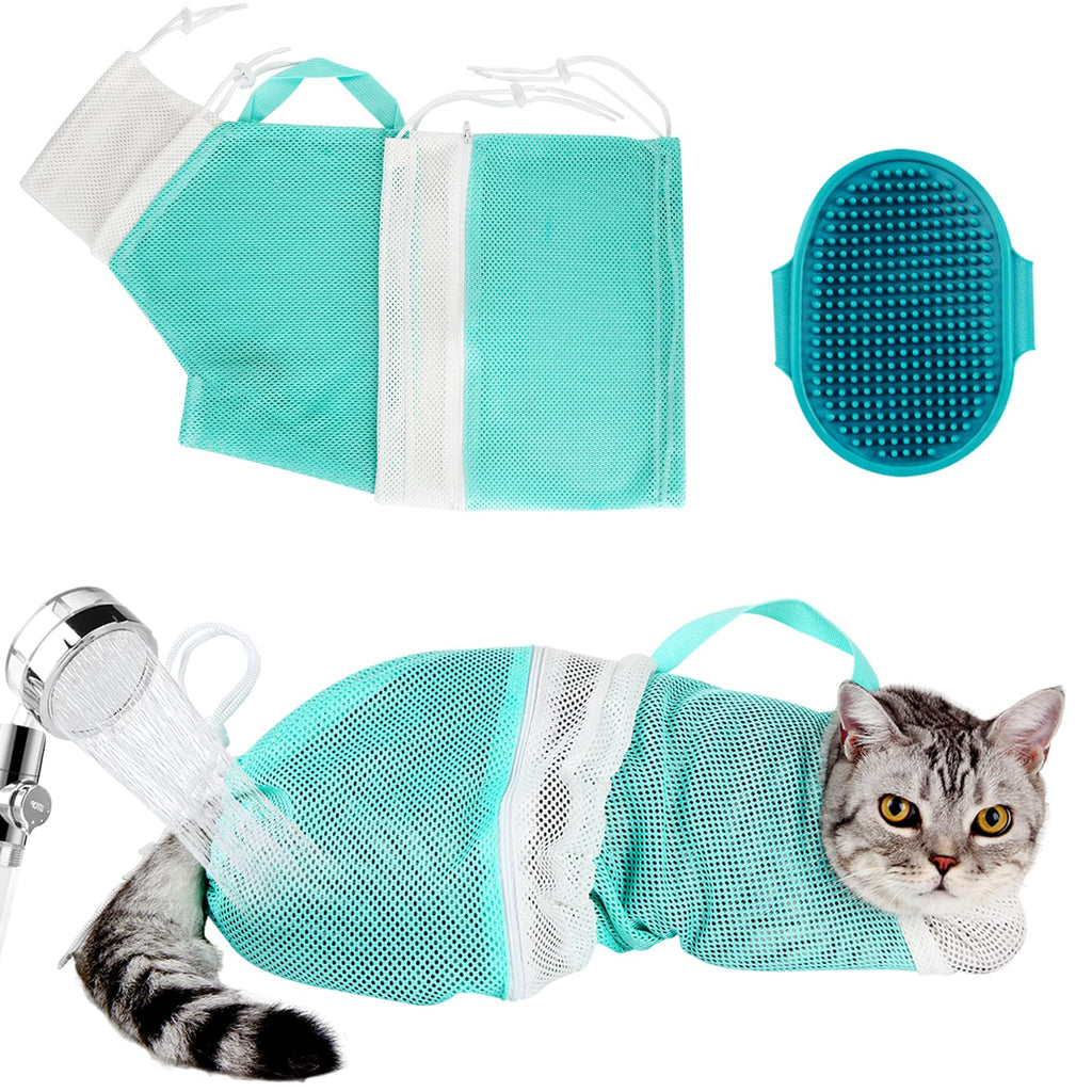 Cat Bag for Bathing Set with Cat Grooming Washing Bag Adjustable Pet Shower Brush - Cat Bathing Mesh Bag Anti Scratch Anti Bite Soft Durable for Cats & Dogs Restraint Grooming Nail Trimming Washing Green-DP