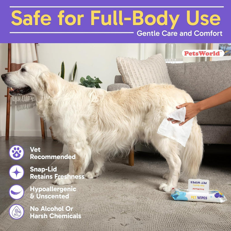 PETSWORLD Pet Wipes for Dogs & Cats, Unscented, Hypoallergenic, Chemical-Free, Biodegradable (98%), Thick & Durable, Textured Grooming Wipes (Unscented, 50 Count) - PawsPlanet Australia