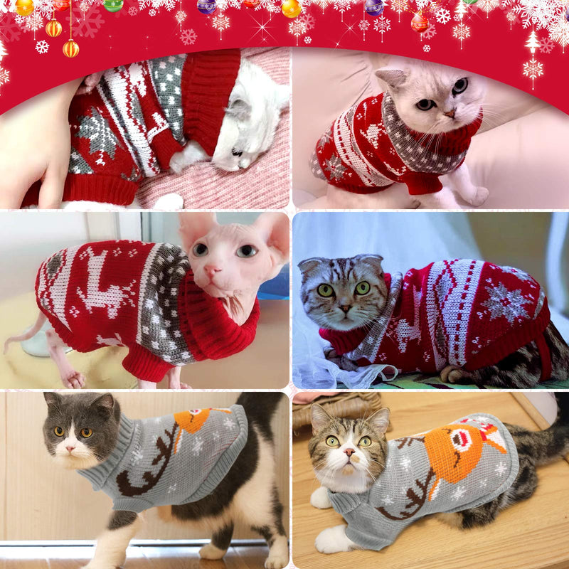 HYLYUN Cat Christmas Sweater 2 Packs - Puppy Christmas Sweater Pet Reindeer Snowflake Sweaters for Kittys and Small Dogs S Grey and Red (Pack of 2)
