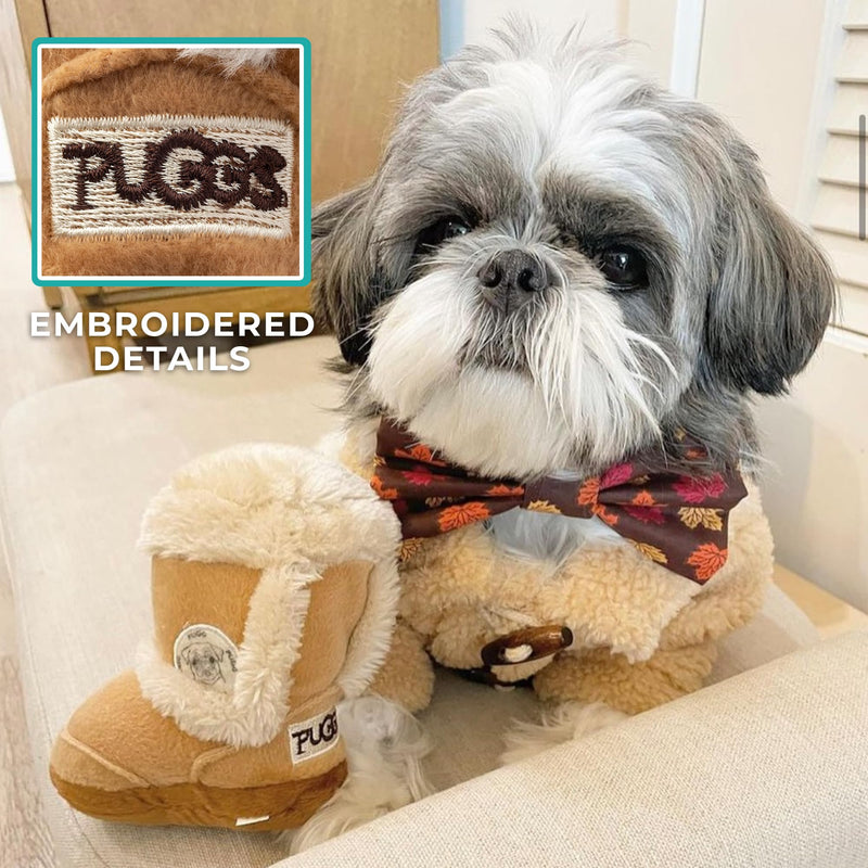 Haute Diggity Dog Pugg Boot, Plush Designer Dog Toys with Interactive Squeaker, Stimulating Pet Enrichment, Machine-Washable & Safe Materials for All Breeds, One Size Tan Brown - PawsPlanet Australia