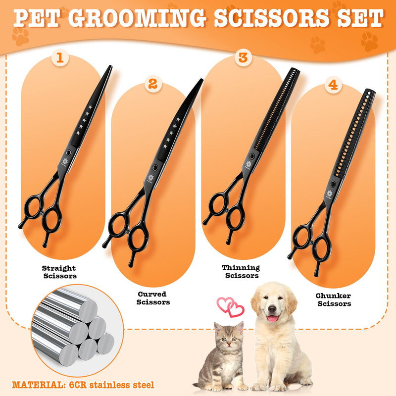 Dream Reach Dog Grooming Scissors - Professional 7.5 Inch Pet Scissors Sharp and Durable Shears Set Thinning, Chunker, Straight, Curved Shears and Comb for Dog Cat Pet, Black - PawsPlanet Australia