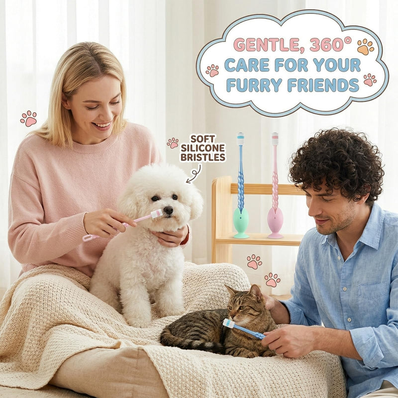 ElevateTech Small Dog and Cat Toothbrush, 4 Pcs 360 Degree Pet Toothbrushes Soft Silicone Cat Puppy Tooth Brushing Kit with 2Pcs Suction Cup Toothbrush Holder for Kitten Tiny Pet Teeth Cleaning